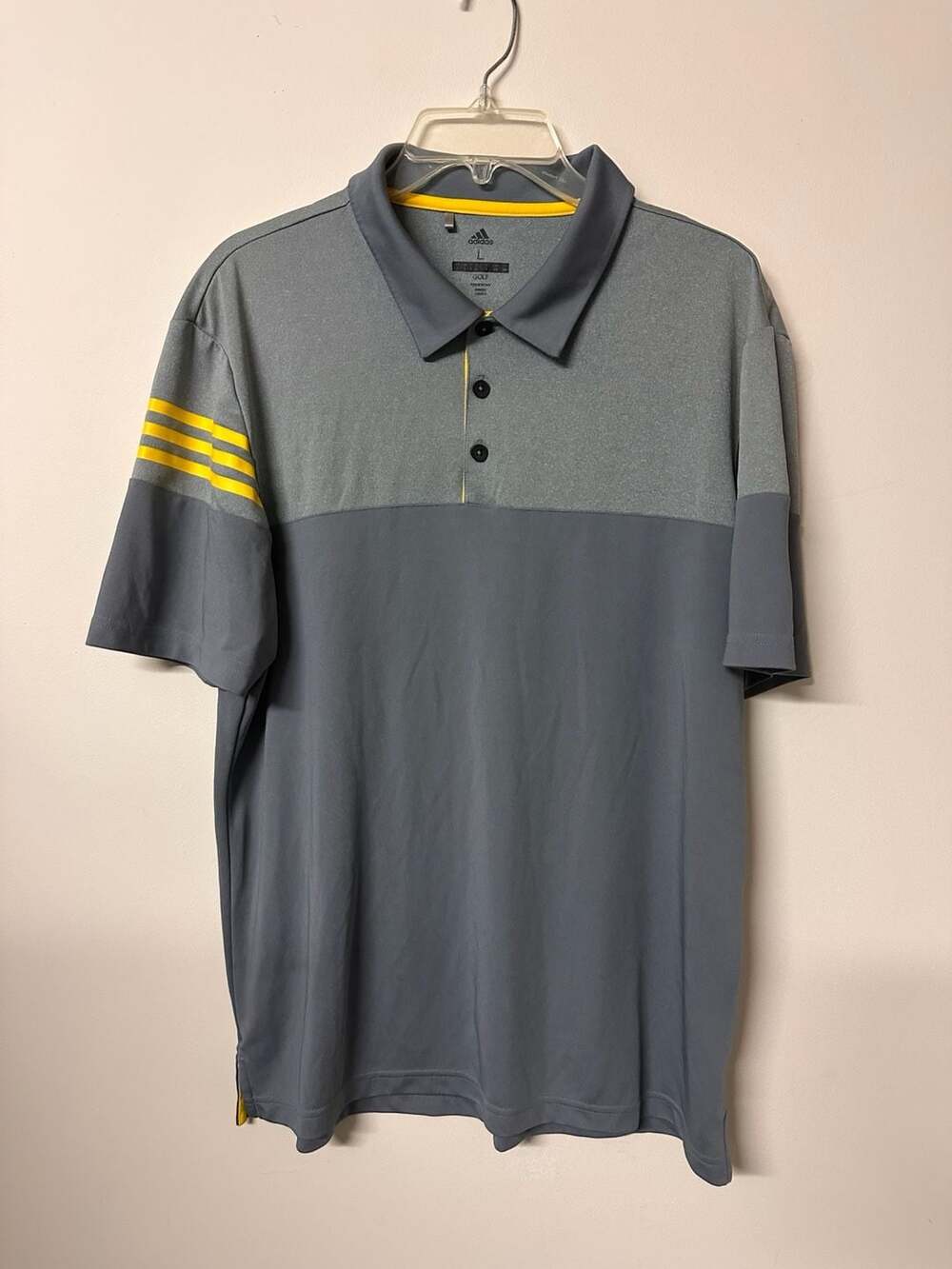 Adidas Heathered 3-Stripes Colorblocked Polo Size L Vista Grey EQT Yellow